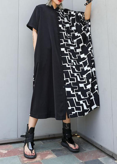 Women black patchwork cotton clothes For Women Square Collar A Line summer Dresses - SooLinen