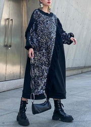 Women black patchwork cotton clothes Women o neck tassel Sequined long Dresses - SooLinen