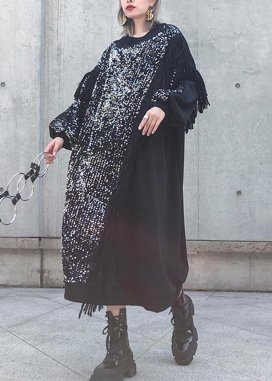 Women black patchwork cotton clothes Women o neck tassel Sequined long Dresses - SooLinen