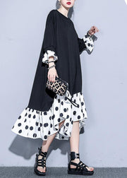 Women black patchwork cotton clothes bracelet sleeved Art summer Dresses - SooLinen