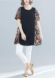 Women black patchwork cotton clothes o neck Art summer shirts - SooLinen