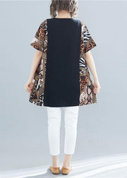 Women black patchwork cotton clothes o neck Art summer shirts - SooLinen