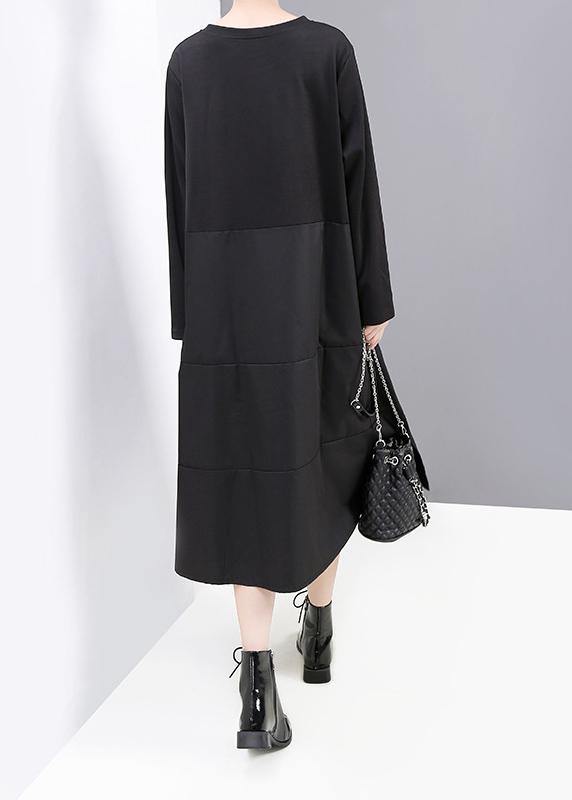 Women black patchwork cotton quilting dresses long sleeve Robe o neck Dresses - SooLinen