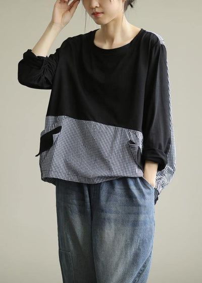 Women black patchwork plaid shirts o neck tunic blouse - SooLinen