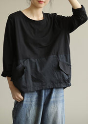 Women black patchwork plaid shirts o neck tunic blouse - SooLinen
