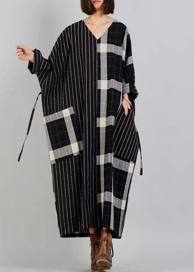 Women black plaid cotton dress v neck patchwork Large pockets fall Dresses - SooLinen
