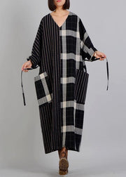 Women black plaid cotton dress v neck patchwork Large pockets fall Dresses - SooLinen