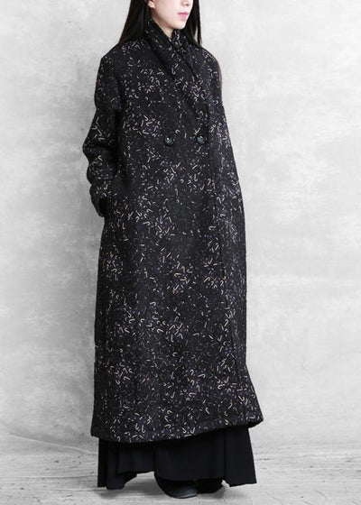 Women black print Plus Size tunic coat Fashion Ideas Notched pockets coat - SooLinen