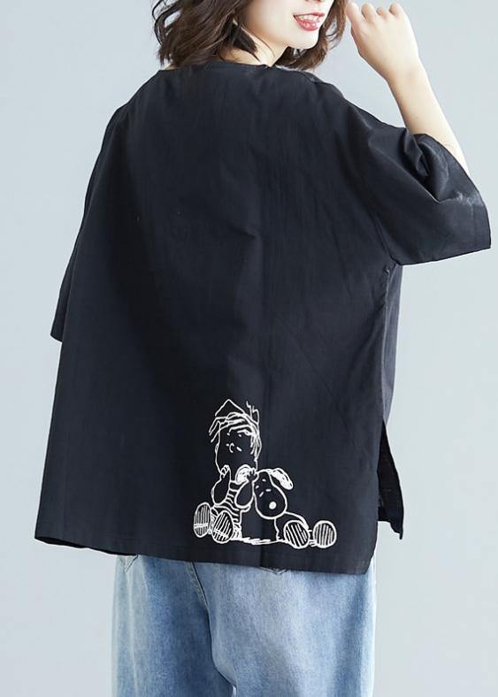 Women black print cotton linen top silhouette design o neck baggy shirt - SooLinen
