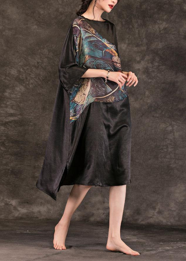 Women black print cotton quilting dresses Slash neck summer Dresses - SooLinen