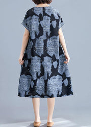 Women black print linen cotton tunics for women striped o neck Midi summer Dress - SooLinen