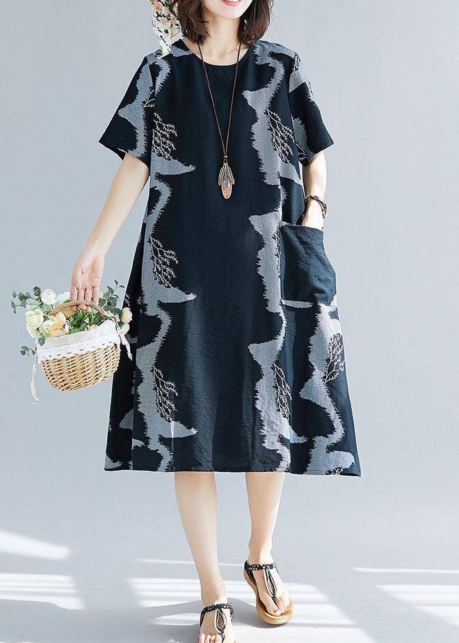 Women black prints cotton quilting clothes big pockets Plus Size  summer Dress - SooLinen