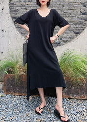 Women black quilting clothes o neck low high design Maxi Dresses - SooLinen