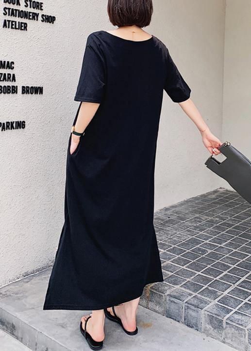 Women black quilting clothes o neck low high design Maxi Dresses - SooLinen