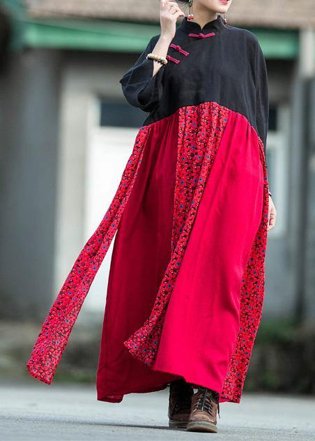 Women black red patchwork linen cotton clothes stand collar baggy Dresses summer Dresses - SooLinen