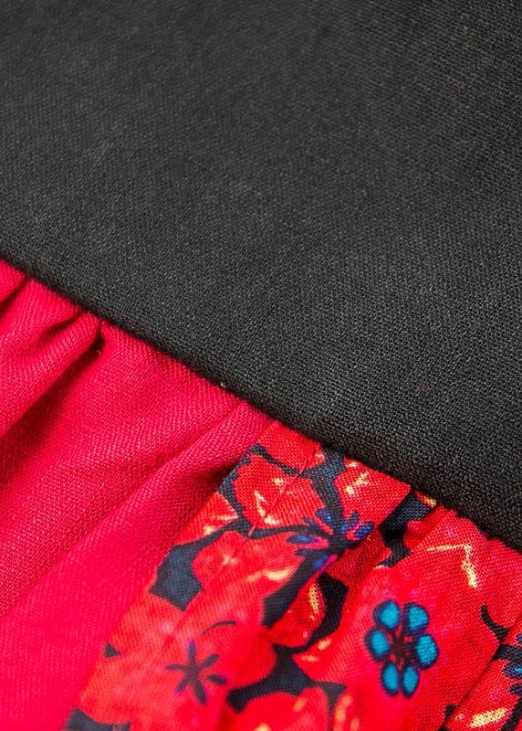 Women black red patchwork linen cotton clothes stand collar baggy Dresses summer Dresses - SooLinen