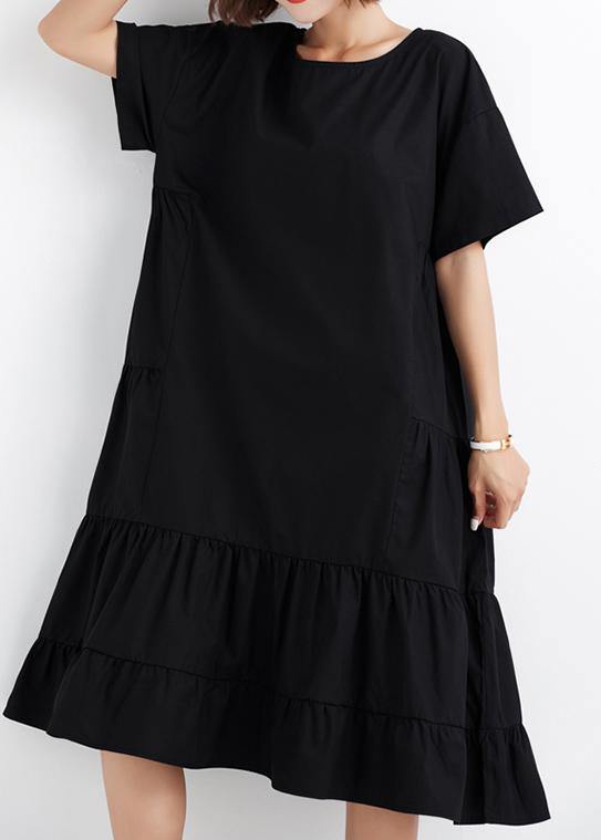 Women black ruffles cotton Wardrobes short sleeve cotton Dresses - SooLinen