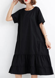 Women black ruffles cotton Wardrobes short sleeve cotton Dresses - SooLinen