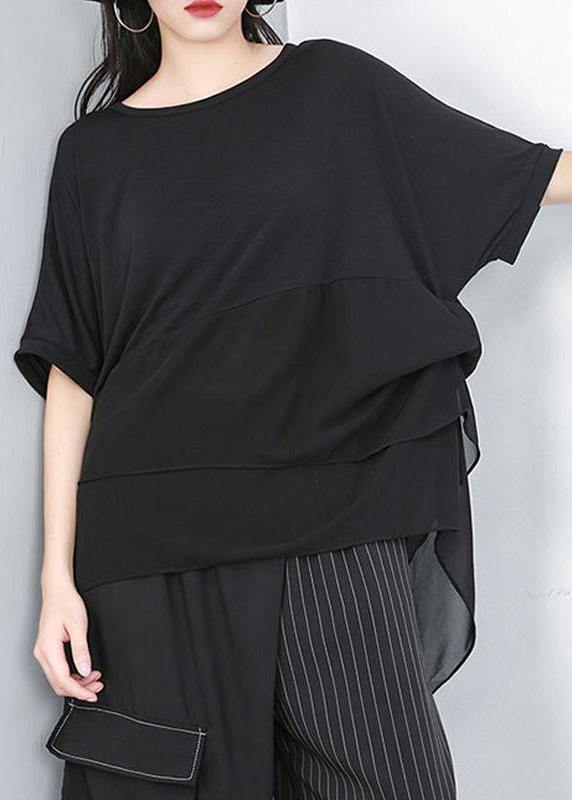 Women black shirts women Fine Cotton Chiffon Spliced Solid Irregular Blouse - SooLinen