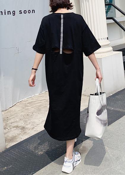 Women black side open cotton tunics for women back hollow out cotton robes summer Dress - SooLinen