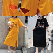 Women black side open cotton tunics for women back hollow out cotton robes summer Dress - SooLinen