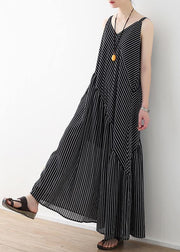 Women black striped chiffon clothes Boho Outfits Spaghetti Strap asymmetric Robe Summer Dresses - SooLinen