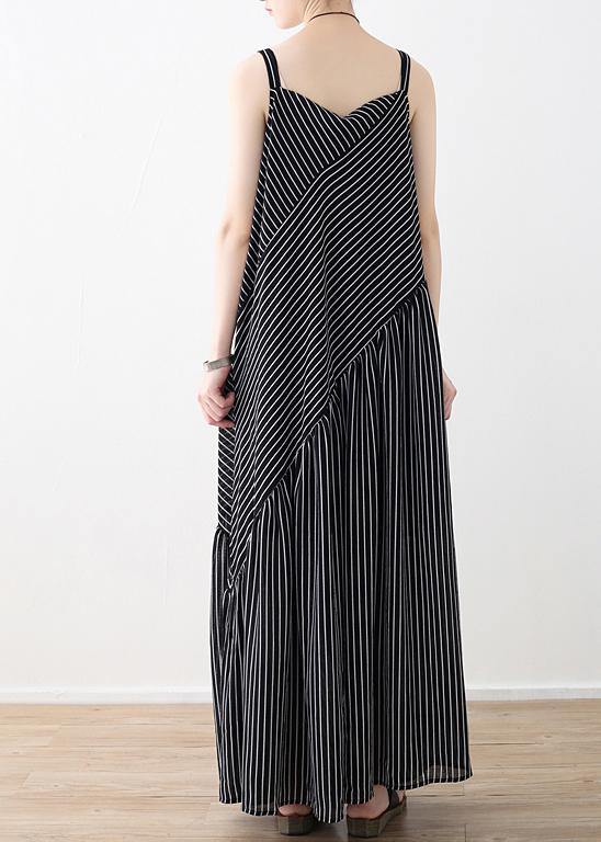Women black striped chiffon clothes Boho Outfits Spaghetti Strap asymmetric Robe Summer Dresses - SooLinen
