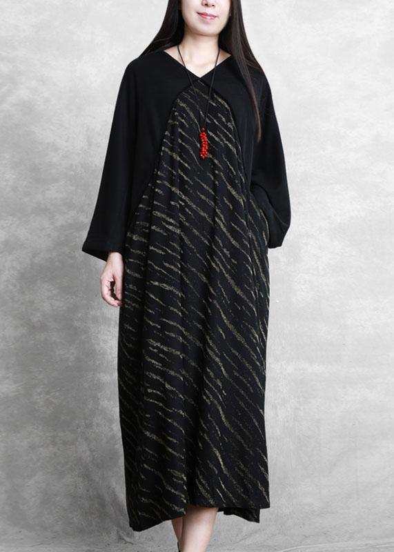 Women black striped clothes Women v neck Batwing Sleeve Plus Size Dresses - SooLinen
