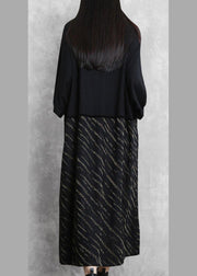 Women black striped clothes Women v neck Batwing Sleeve Plus Size Dresses - SooLinen