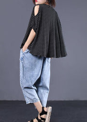 Women black striped cotton clothes off the shoulder Plus Size Clothing summer top - SooLinen
