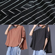 Women black striped cotton clothes off the shoulder Plus Size Clothing summer top - SooLinen