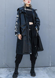 Women black fine crane coats design hooded pockets PU coats - SooLinen