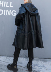 Women black fine crane coats design hooded pockets PU coats - SooLinen