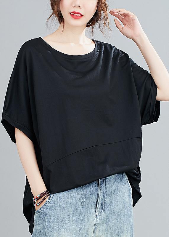 Women black top silhouette o neck Batwing Sleeve baggy shirts - SooLinen