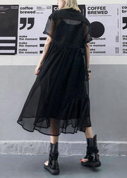 Women black tulle tunic top short sleeve Robe summer Dress - SooLinen