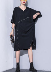 Women black v neck Cotton quilting clothes Rivet summer Dresses - SooLinen