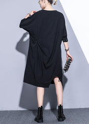 Women black v neck Cotton quilting clothes Rivet summer Dresses - SooLinen