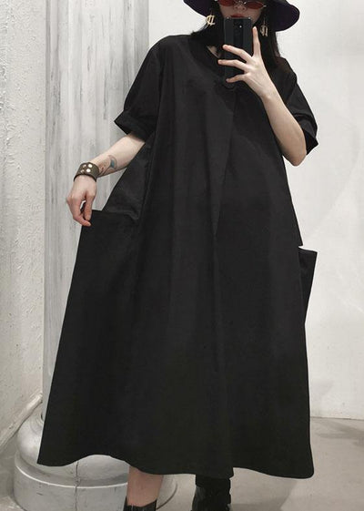 Women black v neck cotton Tunics big pockets Maxi summer Dresses - SooLinen
