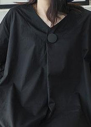 Women black v neck cotton Tunics big pockets Maxi summer Dresses - SooLinen