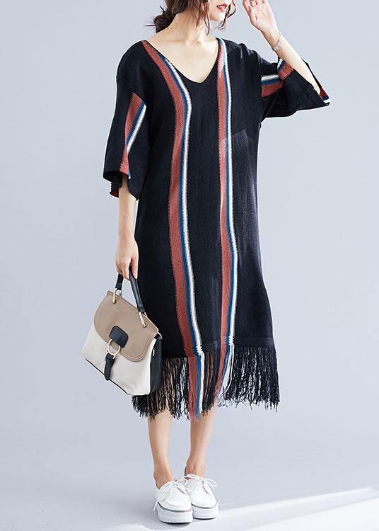 Women black v neck cotton tunics for women tassel Traveling summer Dress - SooLinen