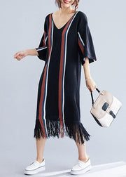 Women black v neck cotton tunics for women tassel Traveling summer Dress - SooLinen