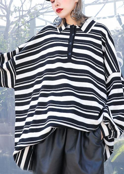 Women black white striped knit tops plus size clothing lapel baggy knit sweat tops - SooLinen