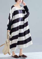 Women black white striped quilting clothes batwing sleeve o neck long summer Dresses - SooLinen