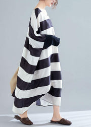 Women black white striped quilting clothes batwing sleeve o neck long summer Dresses - SooLinen
