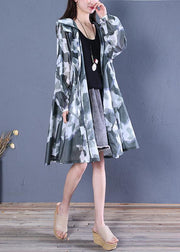 Women blackish green print fine coat pattern hooded zippered outwears - SooLinen