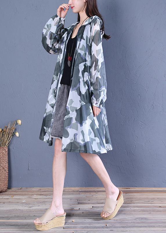 Women blackish green print fine coat pattern hooded zippered outwears - SooLinen