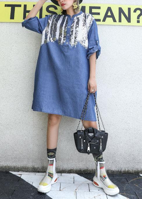 Women blue Cotton dresses side open Midi fall Dresses - SooLinen