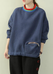Women blue Shirts Inspiration high neck patchwork zippered shirt - SooLinen
