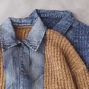 Women blue Sweater Blouse lapel collar oversize patchwork sweaters - SooLinen