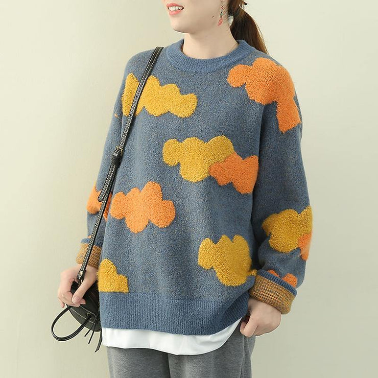 Women blue Cloud Knit Sweaters o neck false two pieces knitted pullover - SooLinen